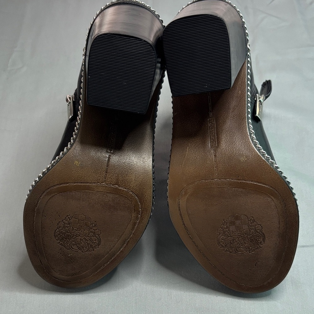 Vince Camuto Black Leather Peep-Toe Ankle Boots with Chain Trim - Picture 5 of 5